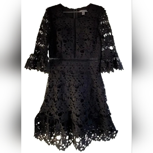 New Love X Design Jet Black Bell Sleeve Lace Mini Dress Fit And Flare Medium - Picture 3 of 16